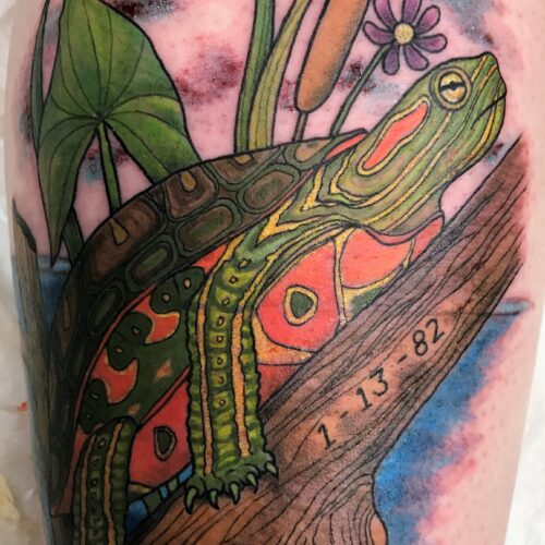 Painted turtle tattoo by Makeba Ische at Cactus Tattoo in Mankato