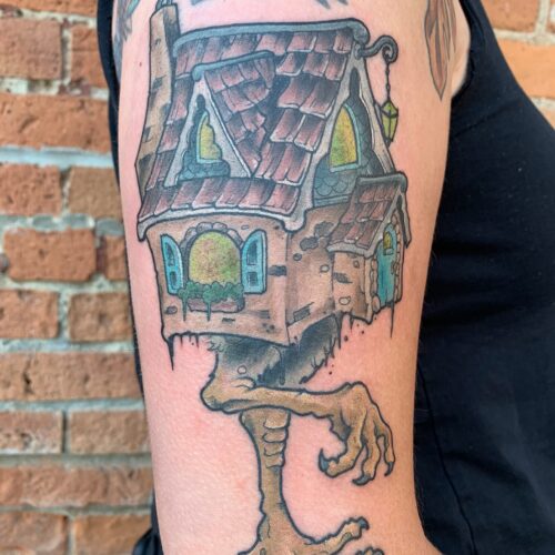 Baba Yaga shoulder tattoo by Rob Foster at Cactus Tattoo in Mankato