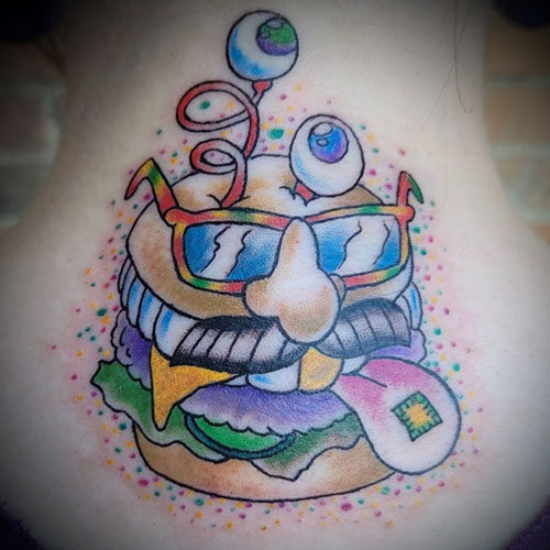 Cheeseburger tattoo by Chris Dorn at Cactus Tattoo