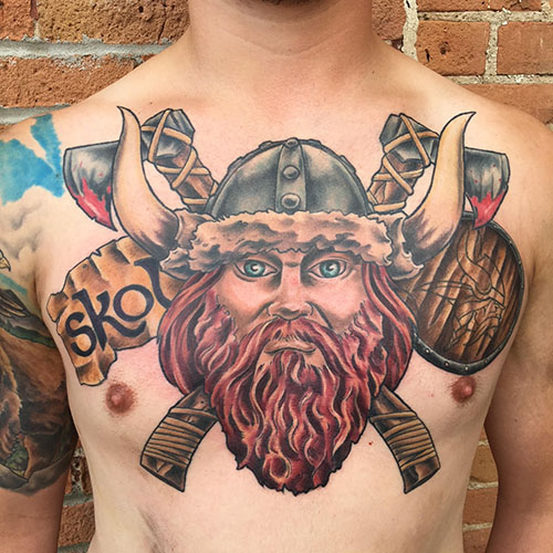 Vikings Skol Full Chest Tattoo by Rob Foster at Cactus Tattoo in Mankato