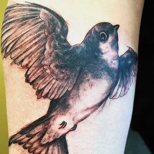 Barn Swallow Tattoo - Black-Gray Bird Cover-up Tattoo by Makeba Ische