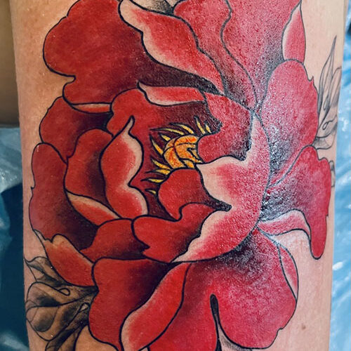 Peony Flower - traditional style tattoo by Makeba Ische in Mankato