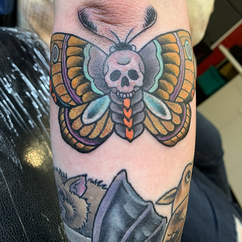 Butterfly with Skull tattoo by Rob Foster at Cactus Tattoo in Mankato MN