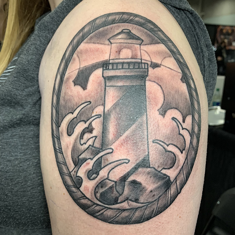Lighthouse Tattoo by Rob Foster at Cactus Tattoo in Mankato MN