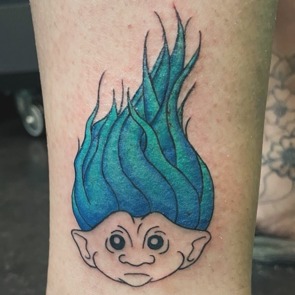 roll doll, troll tattoo, blue hair don't care, blue hair tattoo, blue troll, vintage toys, colorful tattoo, silly tattoo, funny tattoo